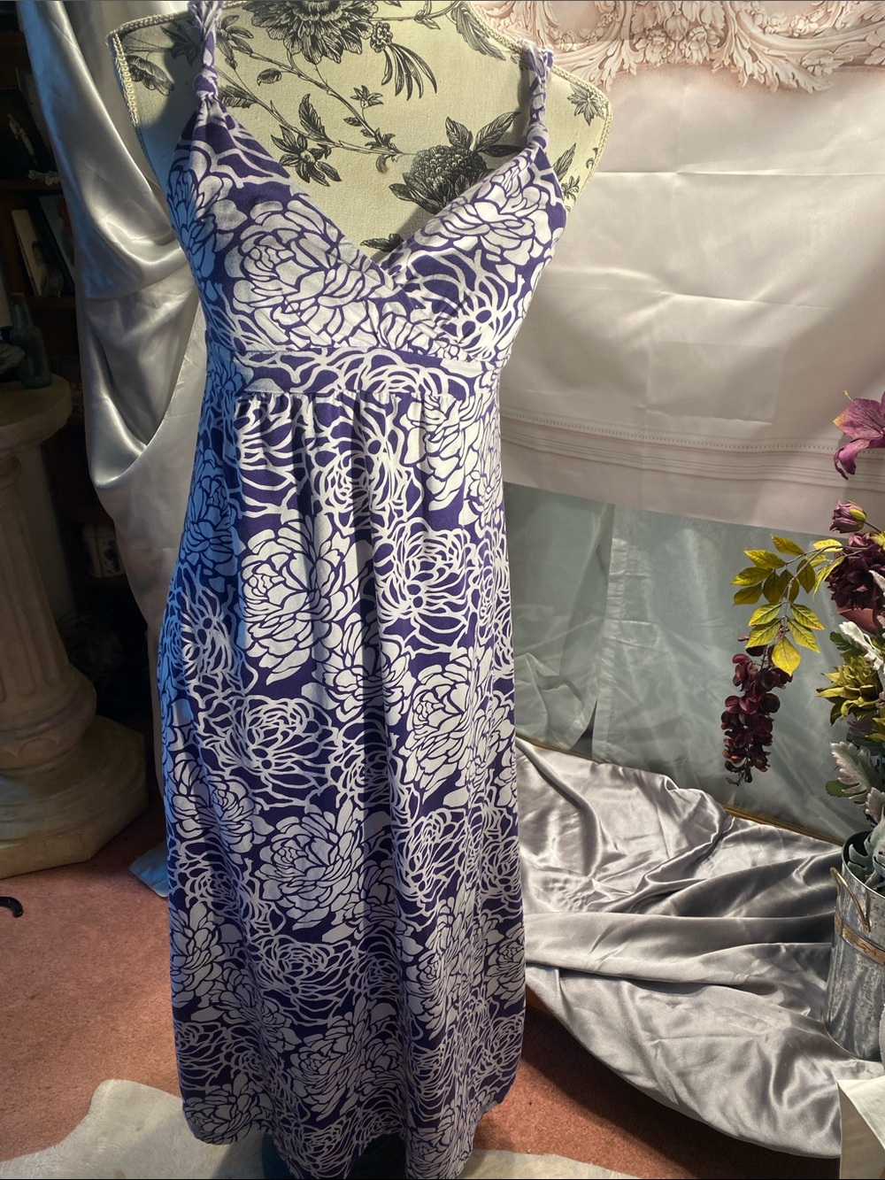 Ann Taylor Purple and White Floral Maxi Dress with Twisted Straps